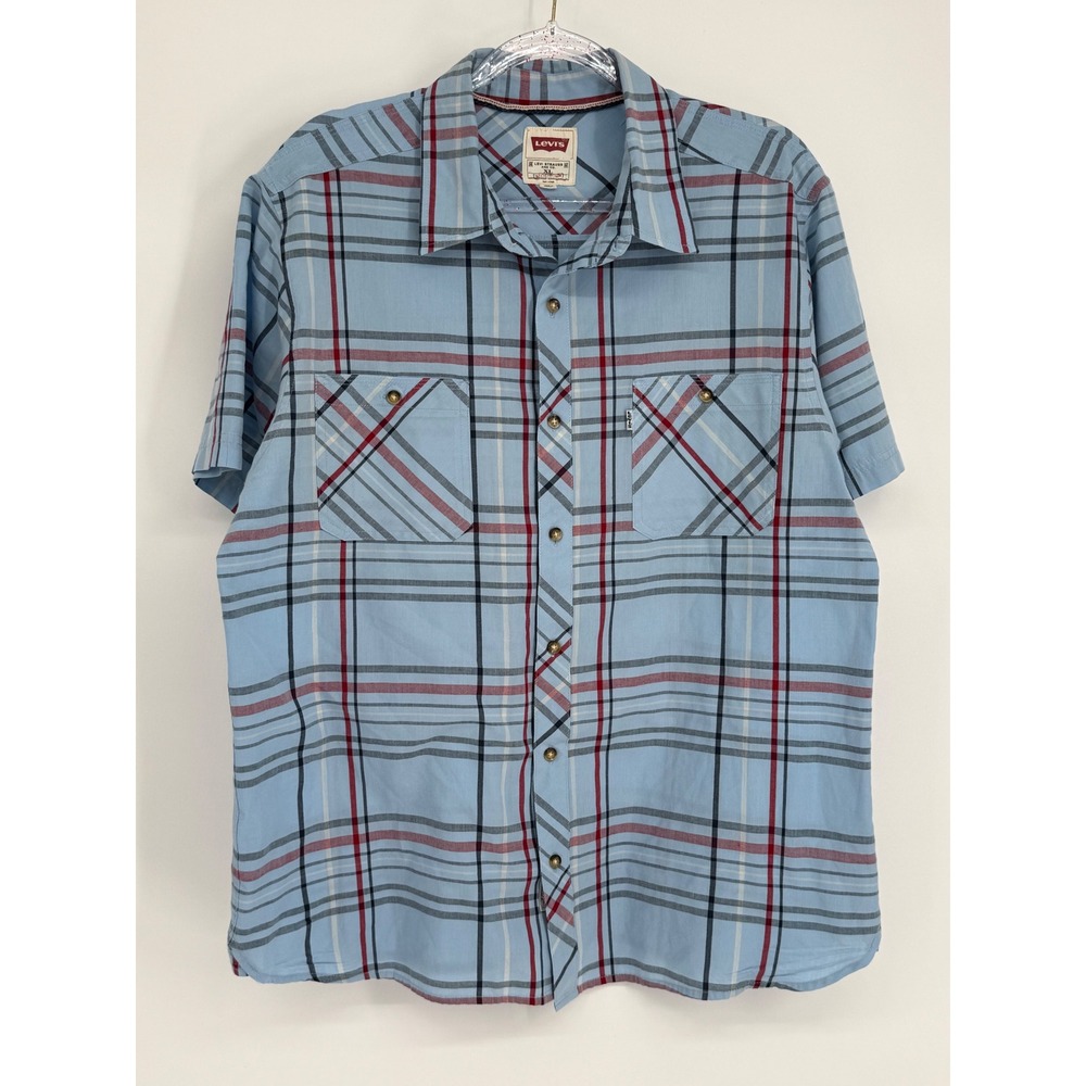 Levis Mens Modern Fit Plaid‎ Short Sleeve Button Up Shirt Blue Sz XL